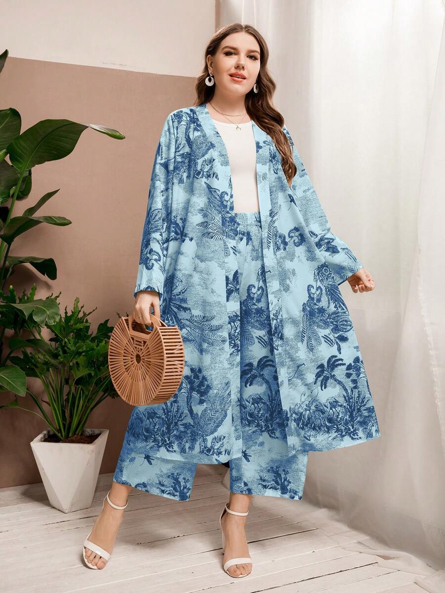 Al Najma Hơn Bản in nhiệt đới Mở Mặt trước áo & Quần ống rộng - Xanh đậm - Xem 1