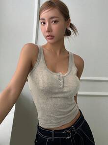 DAZY Half Button Ribbed Knit Tank Top