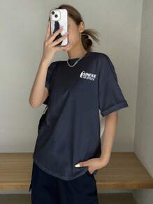 DAZY Heart & Slogan Graphic Drop Shoulder Tee NEW ADVENTURE OPTIMISTIC ATTITUDE - Navy Blue - View 2