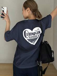 DAZY Heart & Slogan Graphic Drop Shoulder Tee NEW ADVENTURE OPTIMISTIC ATTITUDE - Navy Blue - View 3