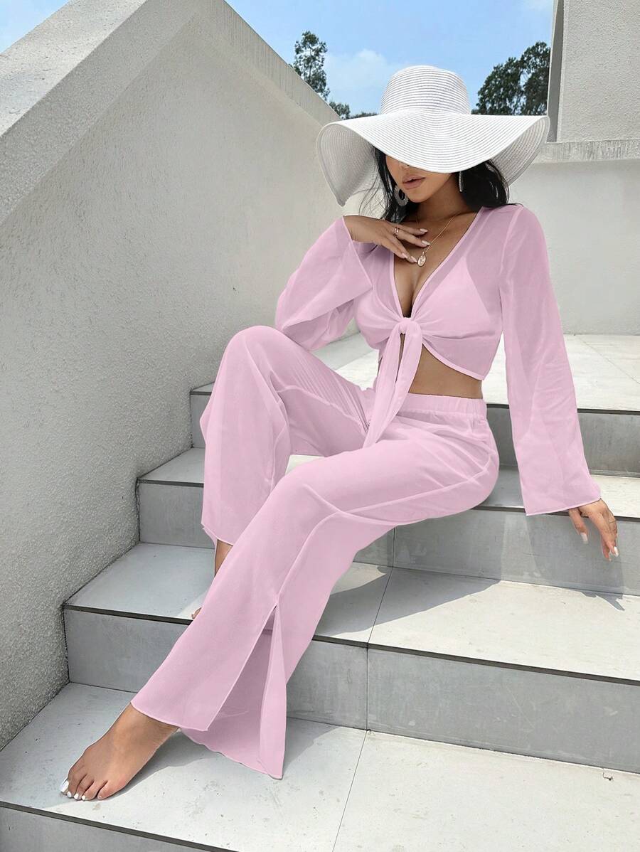 Swim Vcay Summer Beach Solid Knot Front Cover Up Set - Pink - View 1