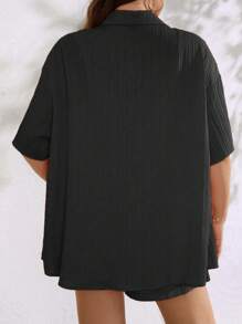 EMERY ROSE Plus Drop Shoulder Shirt & Knot Front Shorts - Black - View 2