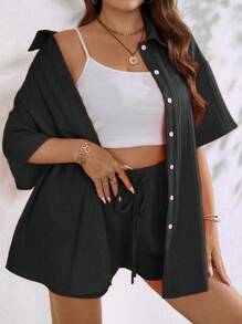 EMERY ROSE Plus Drop Shoulder Shirt & Knot Front Shorts - Black - View 3