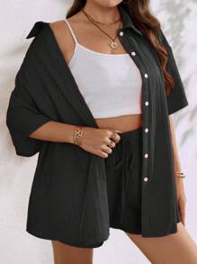 EMERY ROSE Plus Drop Shoulder Shirt & Knot Front Shorts - Black - View 4