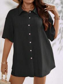 EMERY ROSE Plus Drop Shoulder Shirt & Knot Front Shorts - Black - View 6