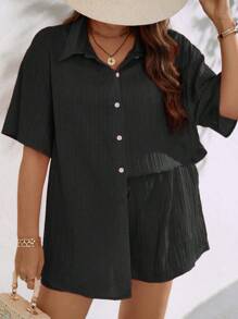 EMERY ROSE Plus Drop Shoulder Shirt & Knot Front Shorts - Black - View 7