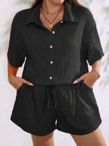 EMERY ROSE Plus Drop Shoulder Shirt & Knot Front Shorts - Black - View 8