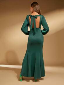 SHEIN Belle Square Neck Lantern Sleeve Split Thigh Dress - Dark Green - View 2