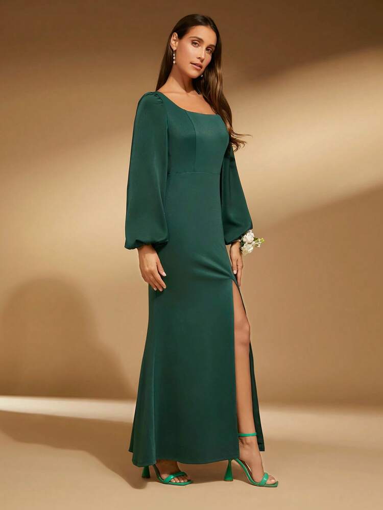 Square Neck Lantern Sleeve Split Thigh Dress