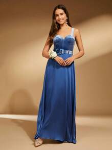 SHEIN Belle Vestido de tirantes bustier detalle con cinturón - Neblina azul - Ver 1