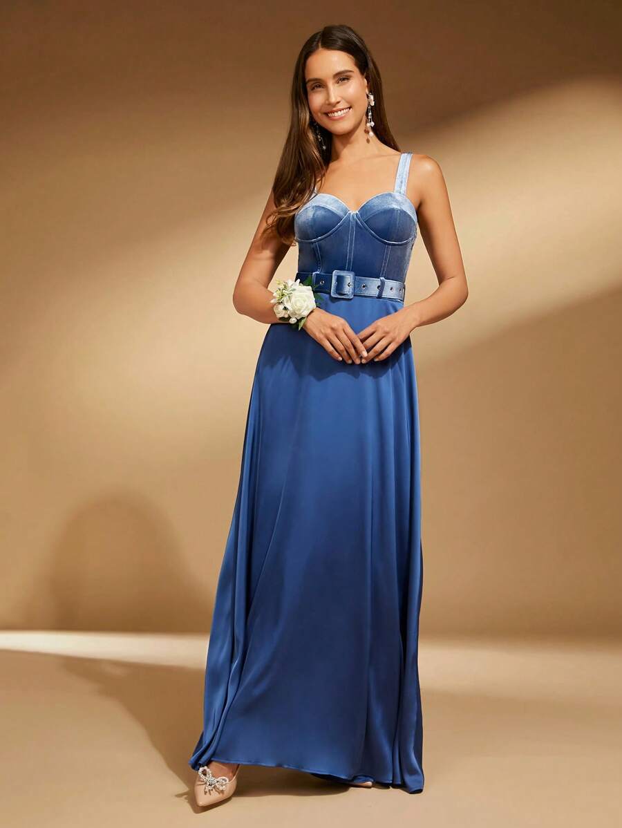 SHEIN Belle Vestido de tirantes bustier detalle con cinturón - Neblina azul - Ver 1