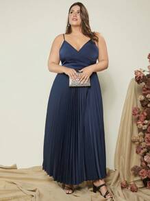 SHEIN Belle Plus Solid Pleated Hem Chiffon Cami Dress - Navy Blue - View 7