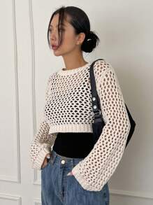 DAZY Áo len hở vai thả vai không có áo ba lỗ trong suốt - Màu be - Xem 4