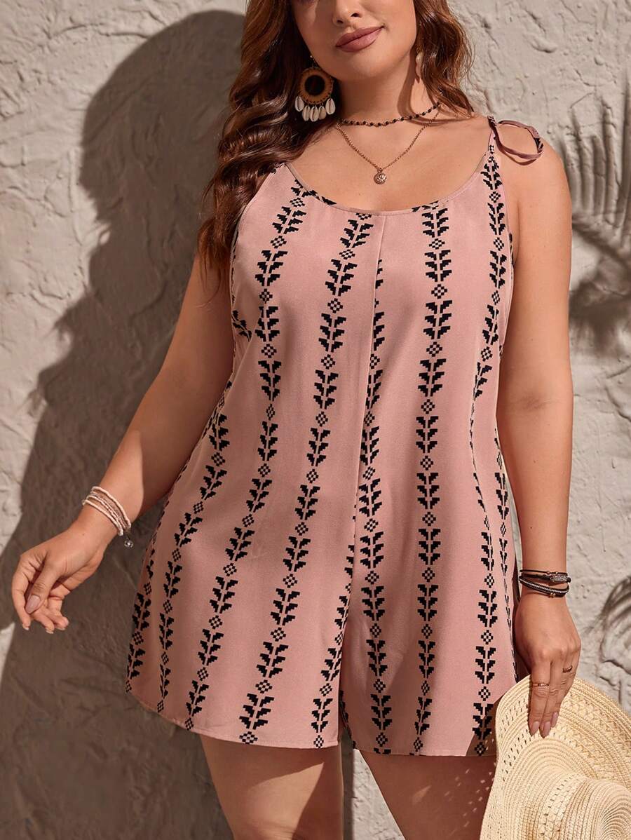 SHEIN LUNE Plus Geo Print Tie Shoulder Cami Romper For Summer - Dusty Pink - View 1