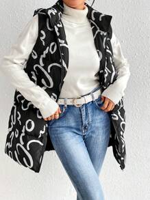 SHEIN Essnce 全印花拉链连帽背心夹棉外套（不含毛衣） - 黑與白 - 查看 3