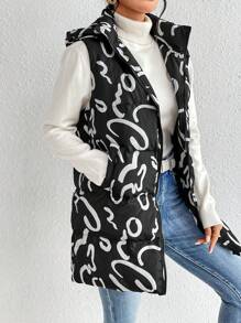 SHEIN Essnce 全印花拉链连帽背心夹棉外套（不含毛衣） - 黑與白 - 查看 5
