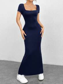 SHEIN EZwear Square Neck Mermaid Hem Bodycon Dress - Navy Blue - View 4