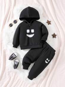 男嬰卡通圖案連帽衫和運動褲 - 黑色 - 查看 1