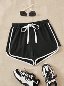 SHEIN EZwear Contrast Binding Drawstring Waist Track Shorts - Black - View 1