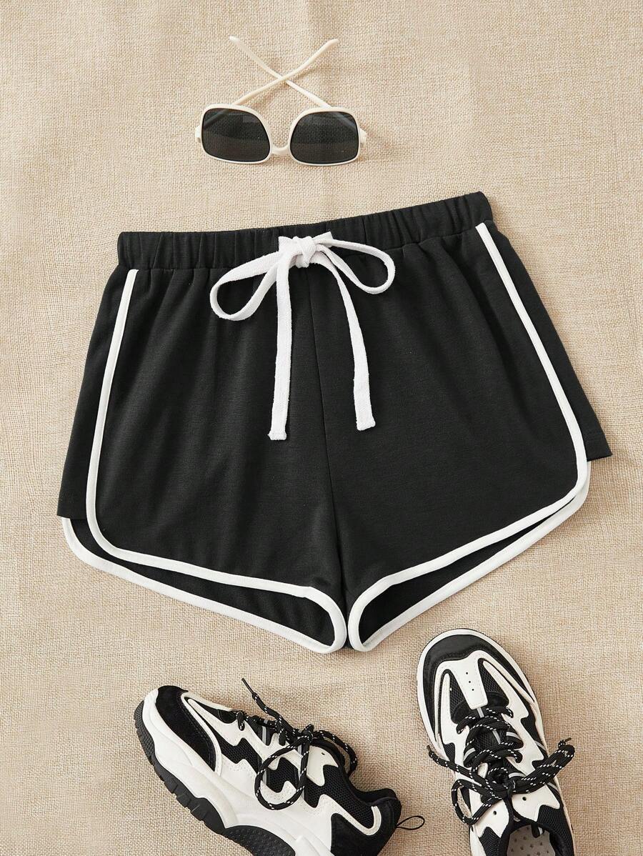 SHEIN EZwear Contrast Binding Drawstring Waist Track Shorts - Black - View 1
