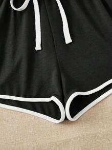 SHEIN EZwear Contrast Binding Drawstring Waist Track Shorts - Black - View 3