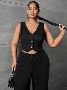 SHEIN SXY Plus Button Front Vest Blazer & Wide Leg Pants Without Belt - Black - View 4