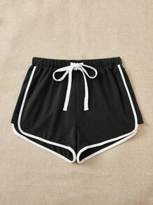 SHEIN EZwear Contrast Binding Drawstring Waist Track Shorts - Black - View 5