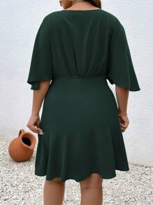 SHEIN Clasi Plus Batwing Sleeve Ruffle Trim Wrap Knot Side Dress - Dark Green - View 2