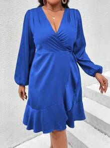 Celure 優雅打結 荷葉邊 交叉純色加大連衣裙 - 寶藍色 - 查看 3