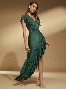 SHEIN Belle Flounce Sleeve Ruffle Trim Ruched Asymmetrical Hem Dress Elegant Prom Semi Formal Wedding Guest Dress, For Birthday, Graduation, Homecoming Party Dress - Dark Green - View 1
