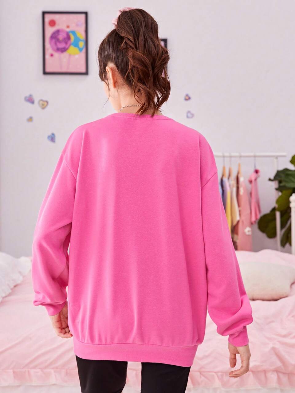 Teen Girl Sun & Letter Graphic Drop Shoulder Pullover