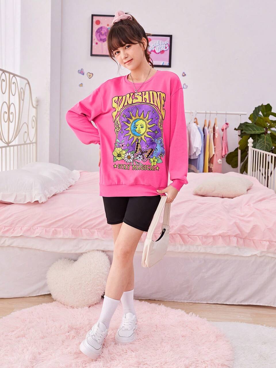 Teen Girl Sun & Letter Graphic Drop Shoulder Pullover
