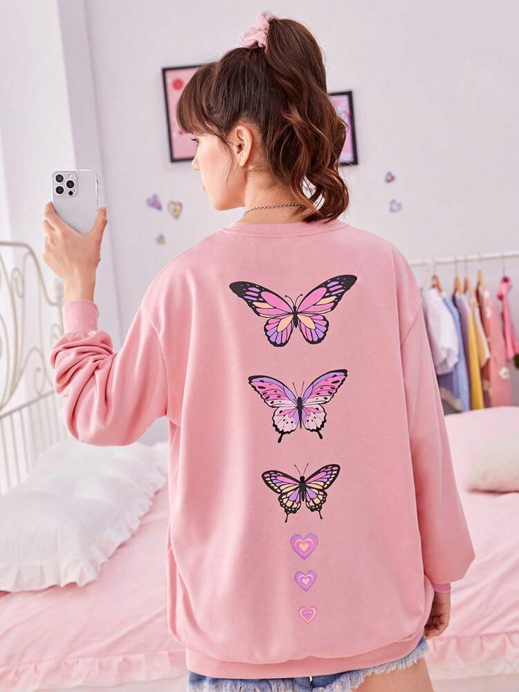 Teen Girl Butterfly Print Drop Shoulder Sweatshirt