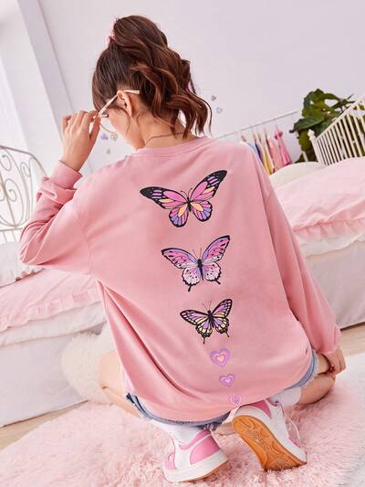 Teen Girl Butterfly Print Drop Shoulder Sweatshirt