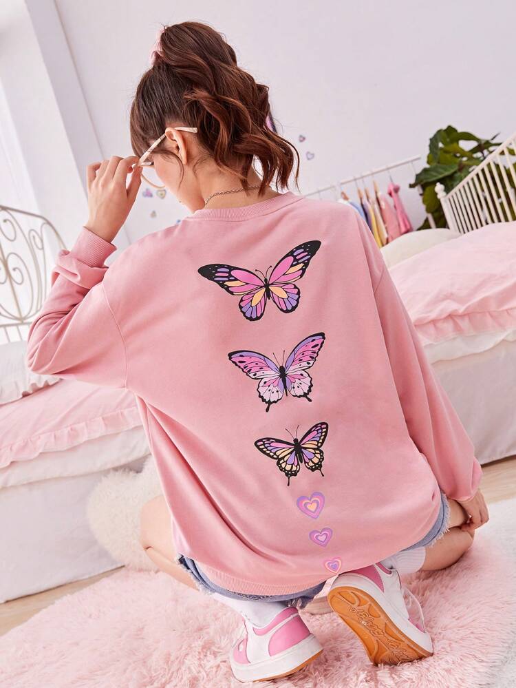 Teen Girl Butterfly Print Drop Shoulder Sweatshirt
