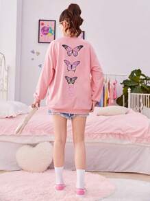 SHEIN Teen Girl Butterfly Print Drop Shoulder Sweatshirt