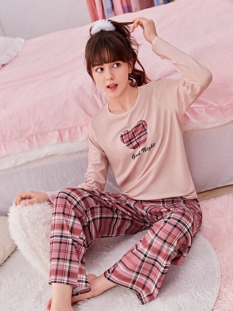 Teen Girl Plaid & Letter Graphic Tee & Pants PJ Set