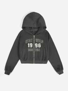 SHEIN EZwear Đồ họa Chữ cái Áo Zip Up Hoodie - Màu xám đen - Xem 1