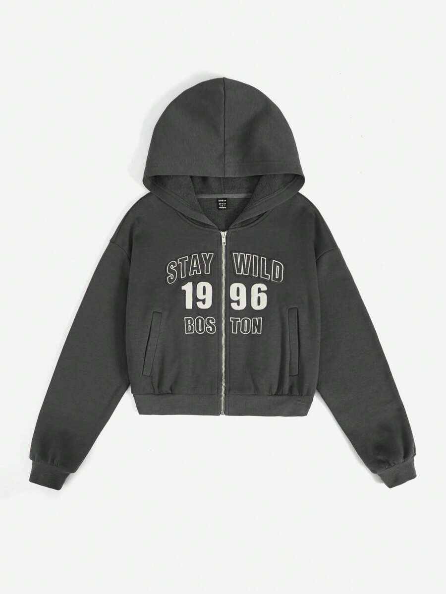 SHEIN EZwear Đồ họa Chữ cái Áo Zip Up Hoodie - Màu xám đen - Xem 1