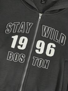 SHEIN EZwear Đồ họa Chữ cái Áo Zip Up Hoodie - Màu xám đen - Xem 3