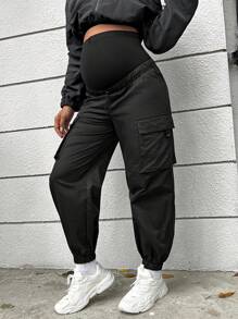 SHEIN Maternidad Pantalones cargo con bolsillo lateral con solapa de cintura ajustable