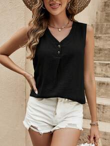 SHEIN VCAY Chất rắn Nút phía trước Áo không tay - màu đen - Xem 3