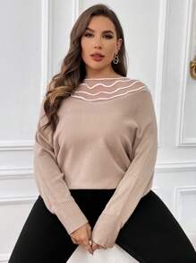 SHEIN Essnce Plus Striped Pattern Batwing Sleeve Sweater - Apricot - View 3