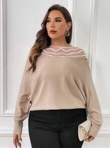 SHEIN Essnce Plus Striped Pattern Batwing Sleeve Sweater - Apricot - View 4
