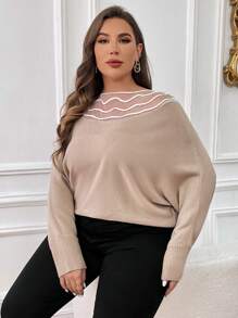 SHEIN Essnce Plus Striped Pattern Batwing Sleeve Sweater - Apricot - View 7