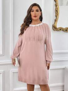 SHEIN Clasi Plus Guipure Lace Trim Raglan Sleeve Jumper Dress - Dusty Pink - View 7
