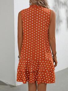 SHEIN LUNE 波卡圓點繫帶領荷葉邊連衣裙 - 棕色 - 查看 2