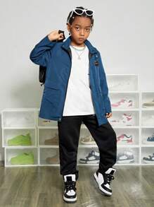 SHEIN Tween Boy Letter Patched Detail Flap Pocket Drop Shoulder Zipper Hooded Coat - Dusty Blue - View 4