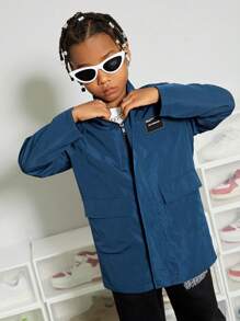 SHEIN Tween Boy Letter Patched Detail Flap Pocket Drop Shoulder Zipper Hooded Coat - Dusty Blue - View 5