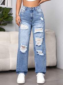 SHEIN EZwear Ripped Straight Leg Jeans - Light Wash - View 3